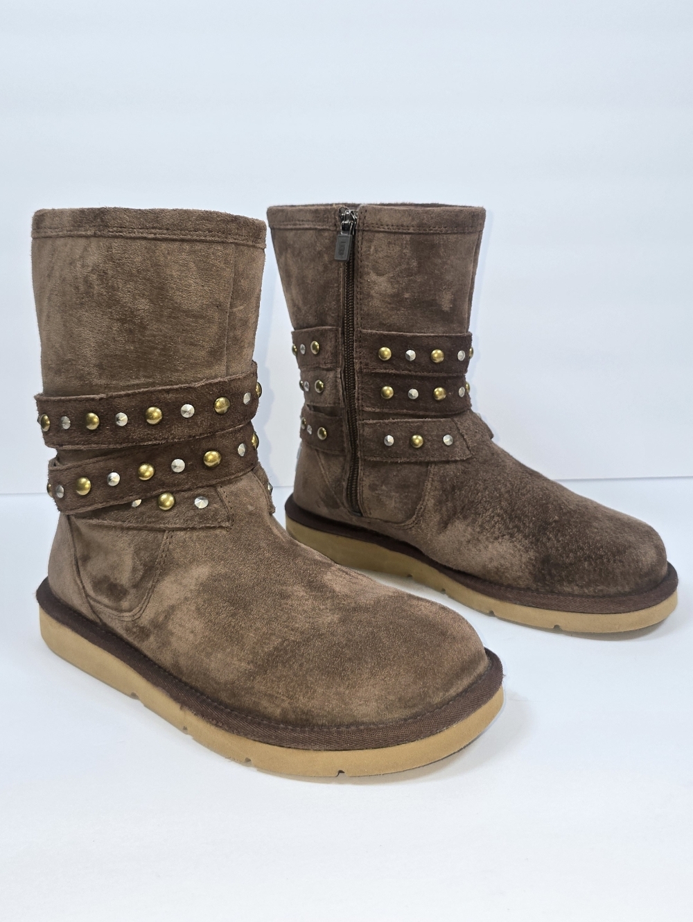 UGG Clovis Studded Brown Suede Sheepskin Zip Up Moto Biker Boots Women's Size 8